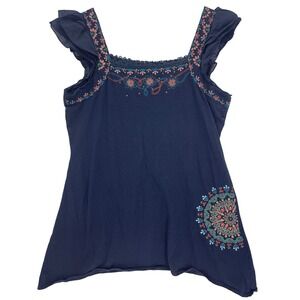 Adobe Star Black Embroidered Flutter Sleeve Handkerchief Hem Top Size Large